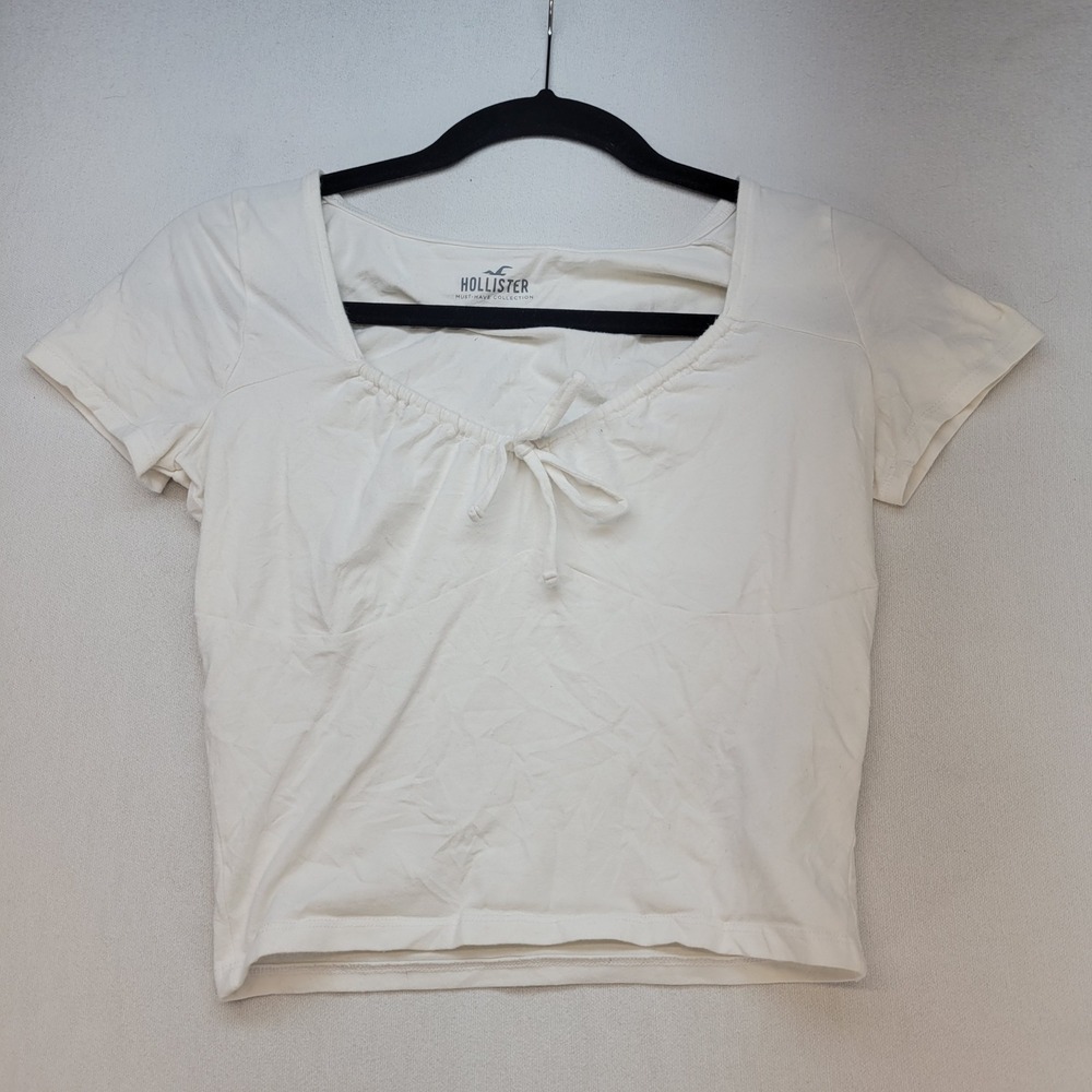 Hollister Crop Top Womens Medium White Cinched Tie Front Short Sleeve Must Have